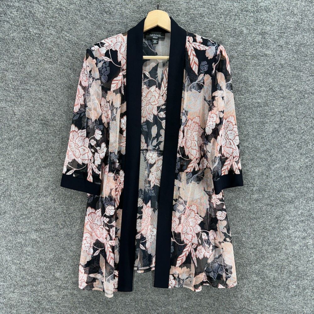 R&M Richards Top Women 14P Petite Beige Floral Open Front 3/4 Sleeve Casual